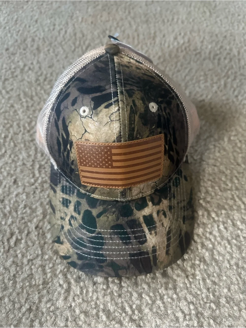 Camo Trucker Hat with Leather American Flag Patch